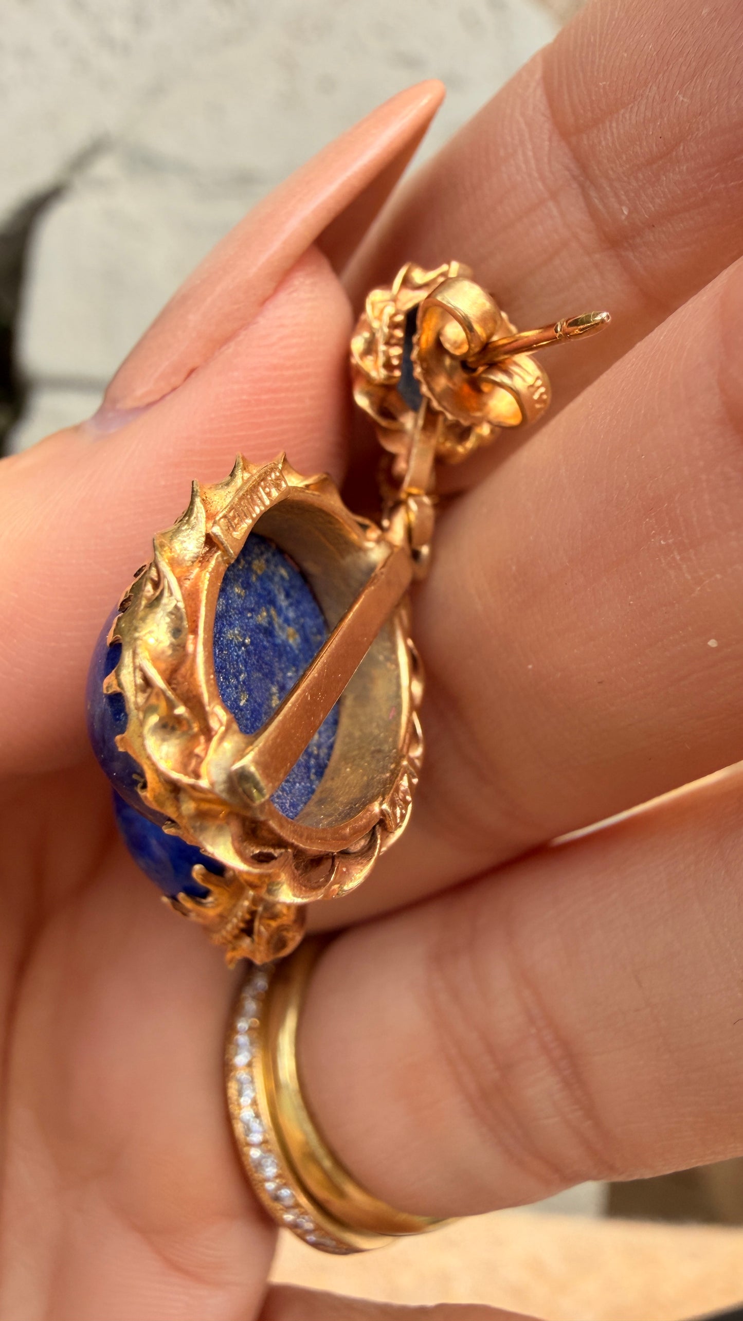 Vintage yellow 14K gold midcentury lapis dangle post back earrings with rope detail