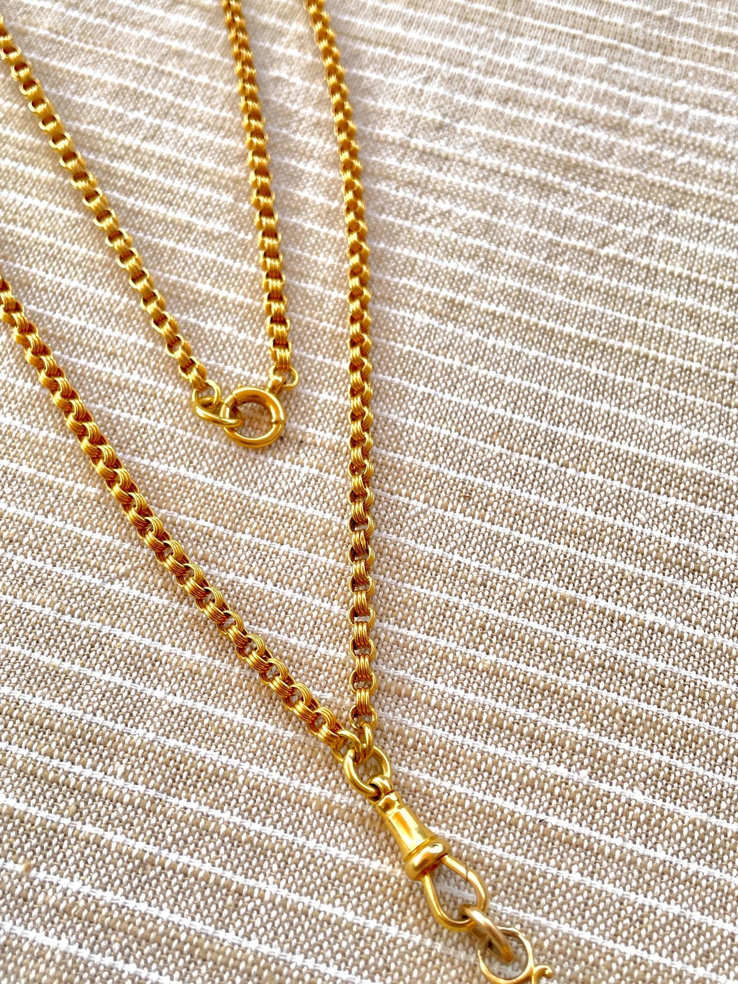 Antique yellow 18K double rolo link watch chain with dog clip and bolt clasp, 23.5 inch