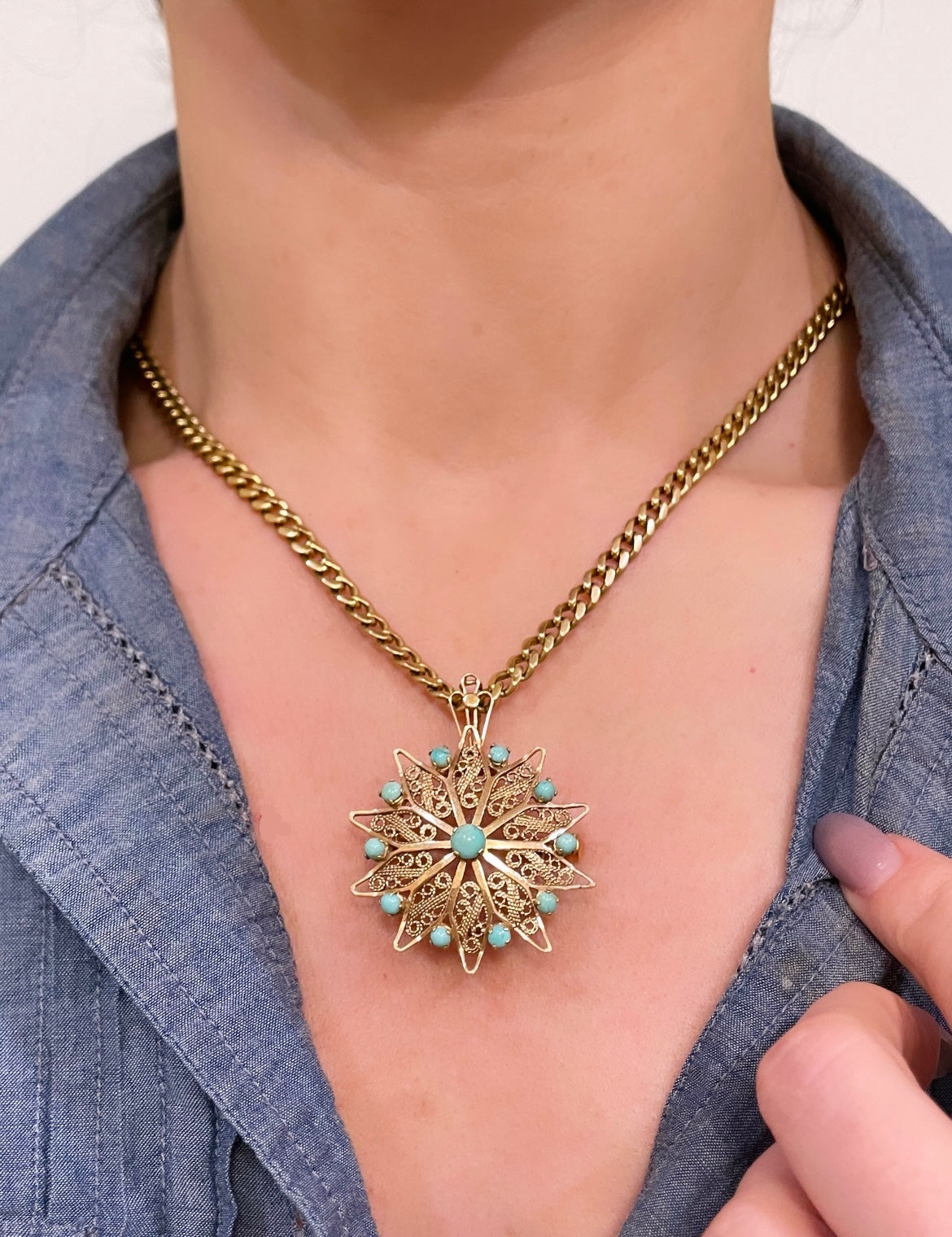 Vintage rosy yellow 18K turquoise sunburst convertible pendant