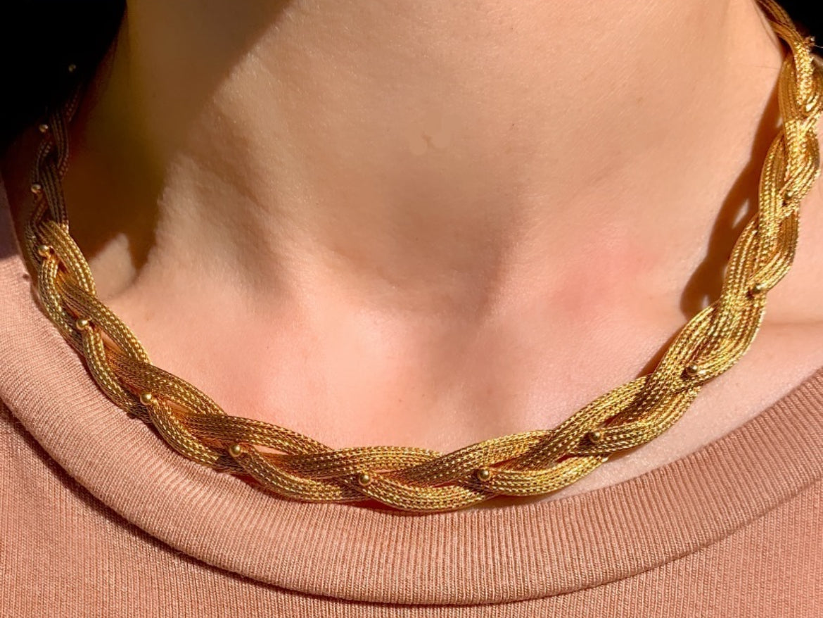 Vintage yellow 18K gold woven braided chain with ball details, 17 and 5/8 inch