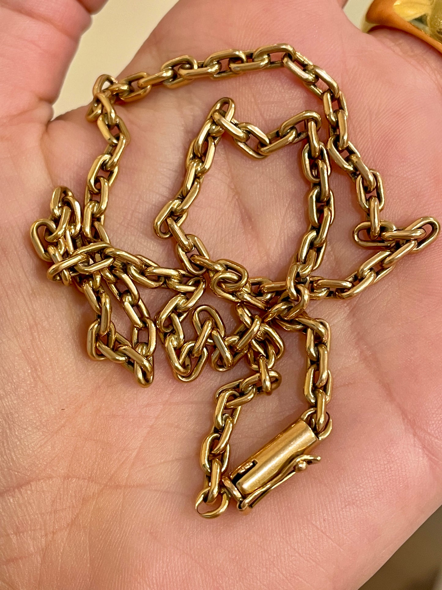 Vintage rosy yellow 18K gold solid biker link chain, 18.5 inch
