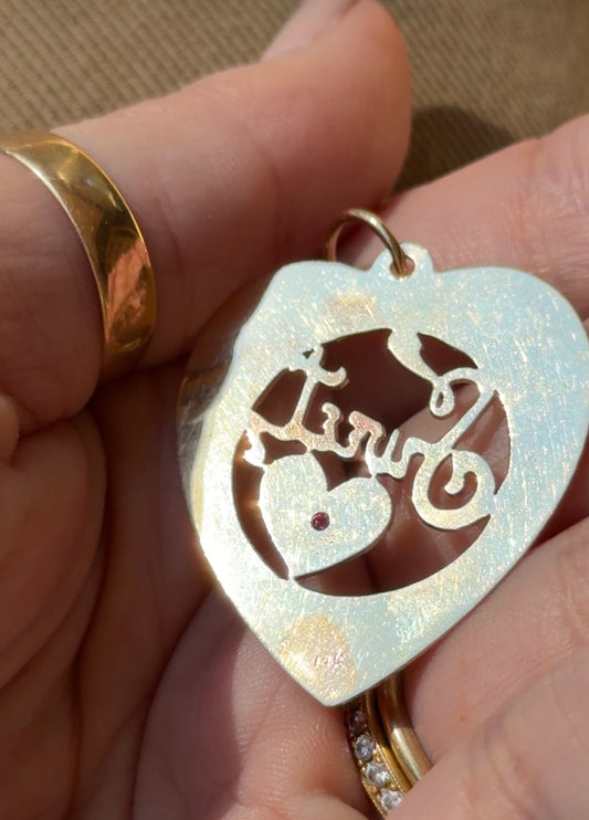 Vintage yellow 14K engine turned Sweet Heart pendant with ruby