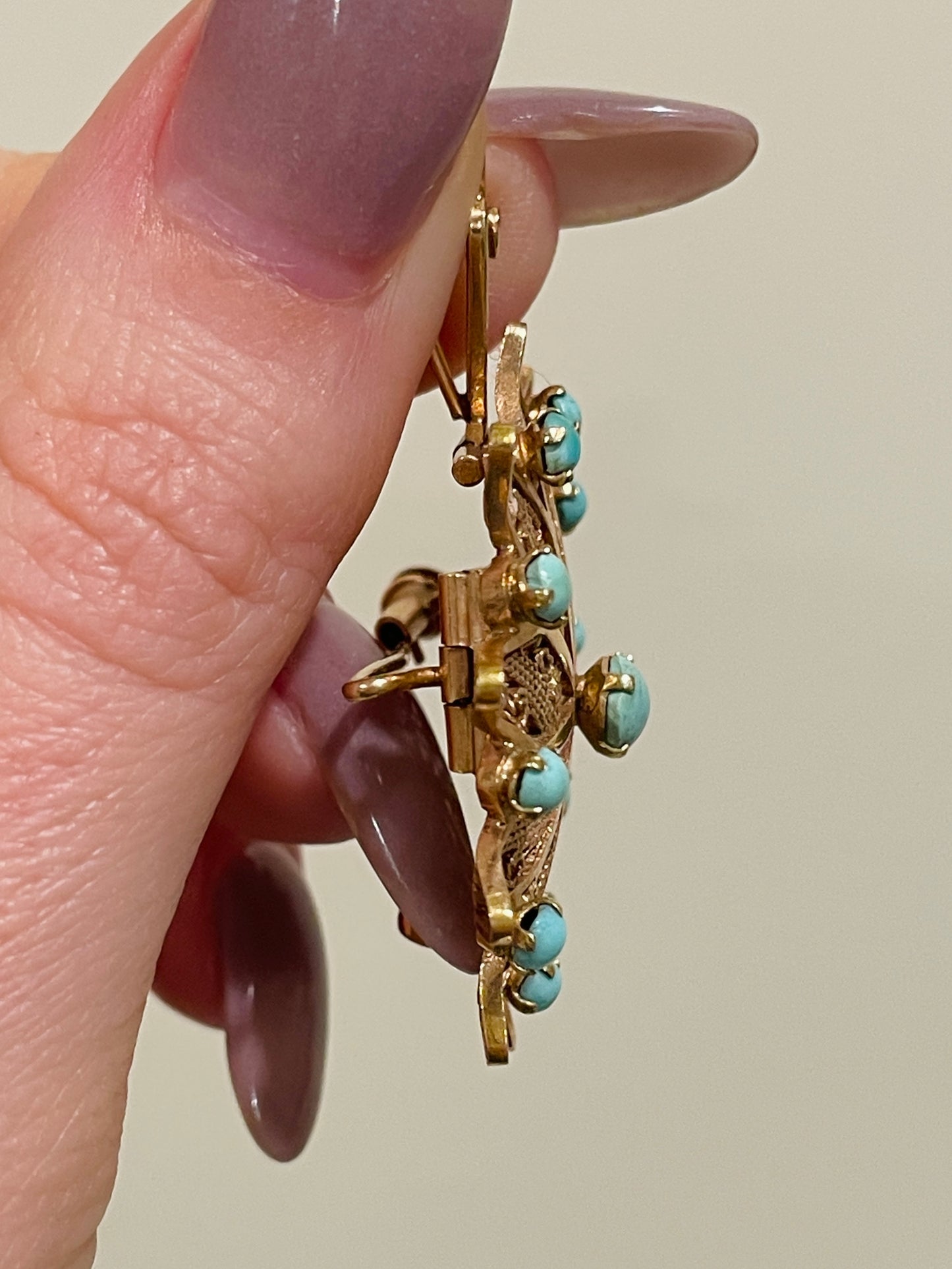 Vintage rosy yellow 18K turquoise sunburst convertible pendant