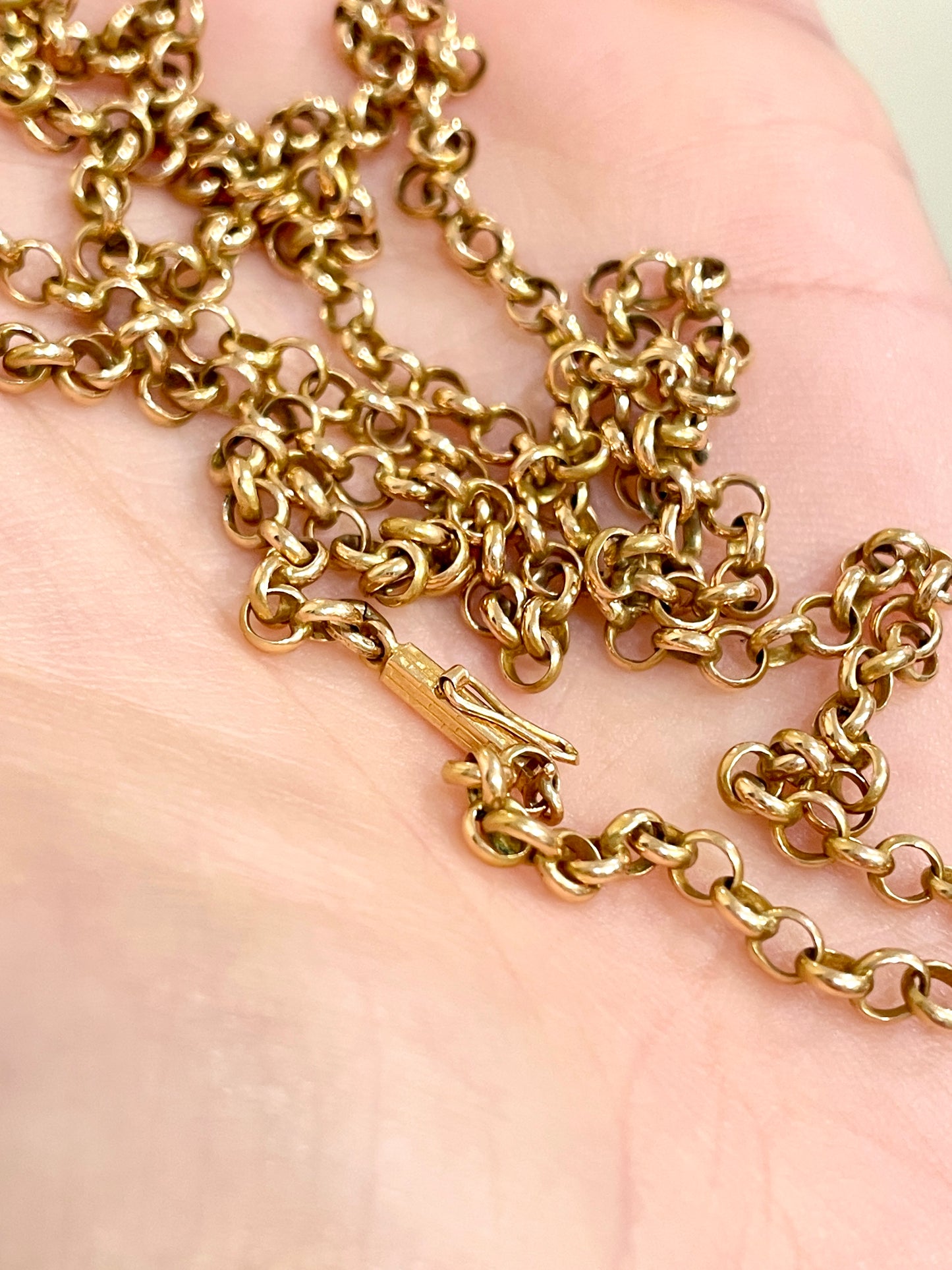 Antique rosy yellow 15K gold solid rolo link chain, 25 inch