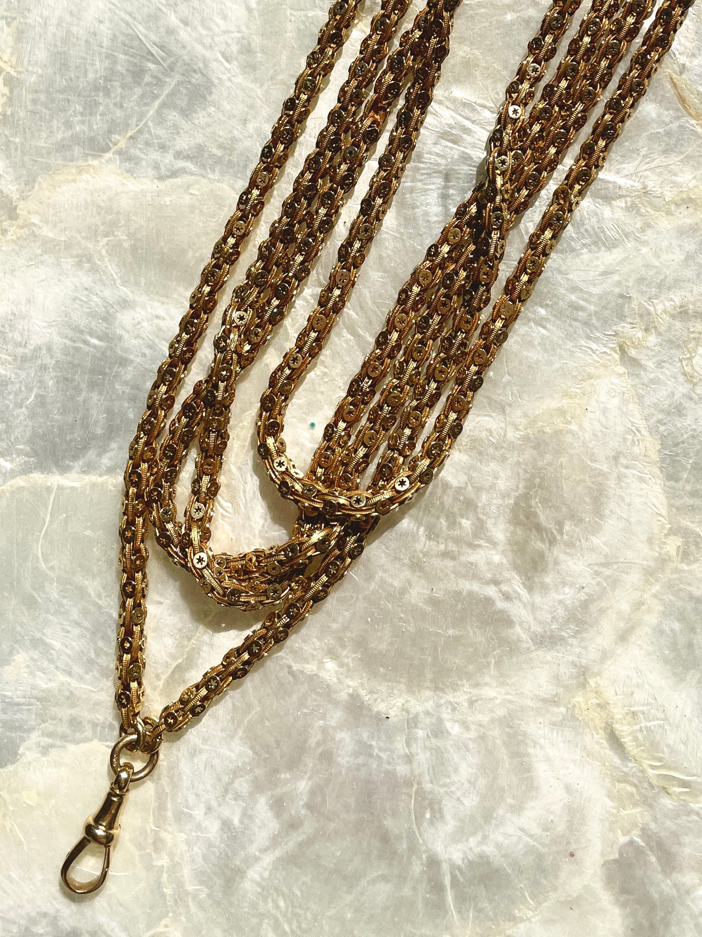 Rare Antique yellow 18K gold star cut longguard chain, 74.5 inch