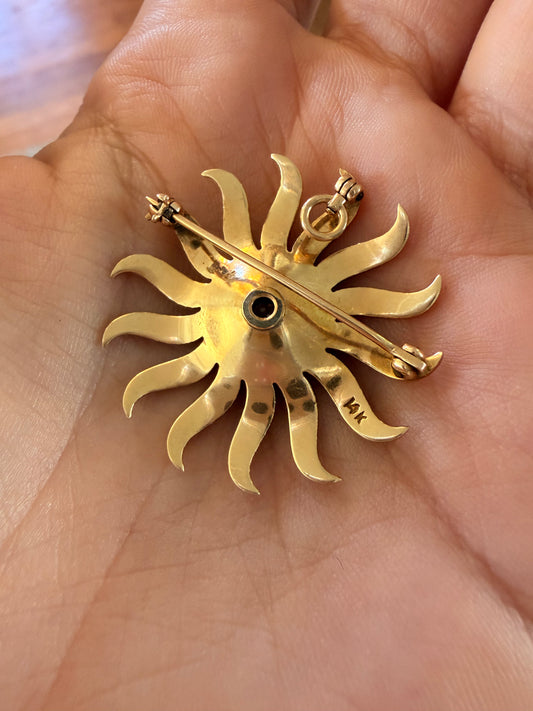 Antique yellow 14K pearl and approx .3 ctw old mine cut diamond sunburst pendant pin
