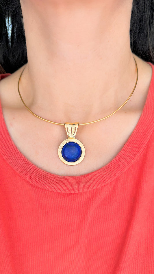 Vintage yellow 14k gold handmade lapis medallion statement pendant