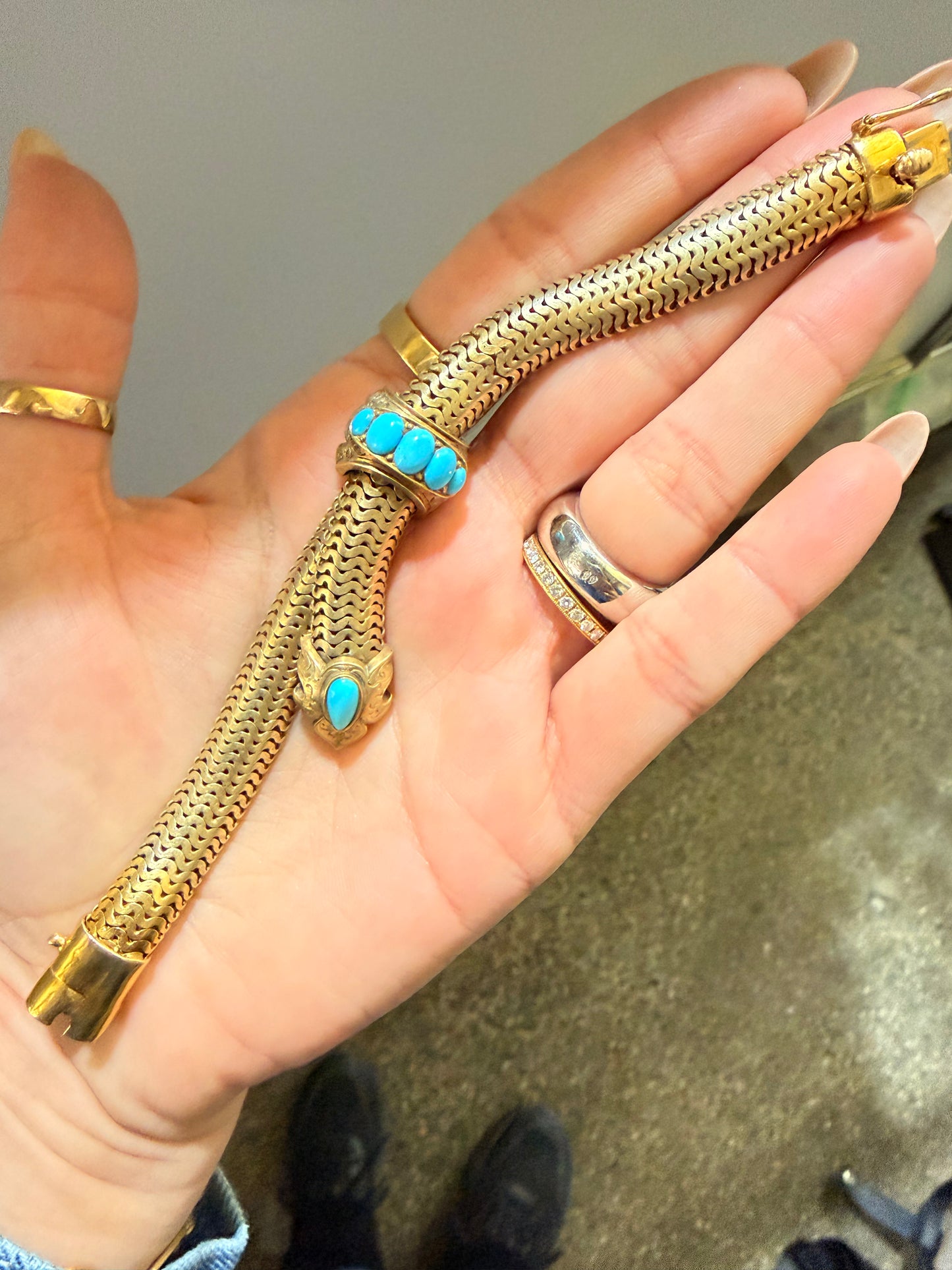 Antique 14K Persian turquoise belt bracelet, 6.75 inch