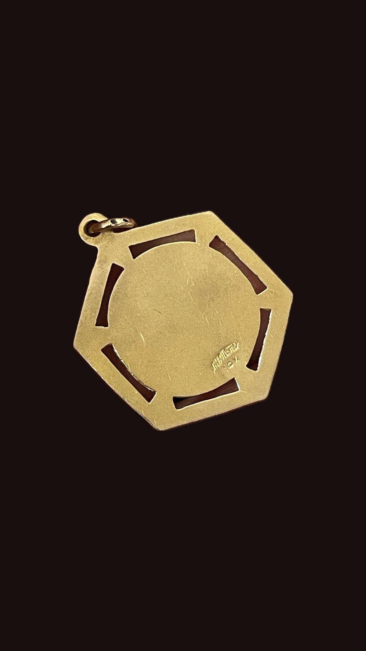 Vintage yellow 14K gold Saint Christopher hexagonal frame charm