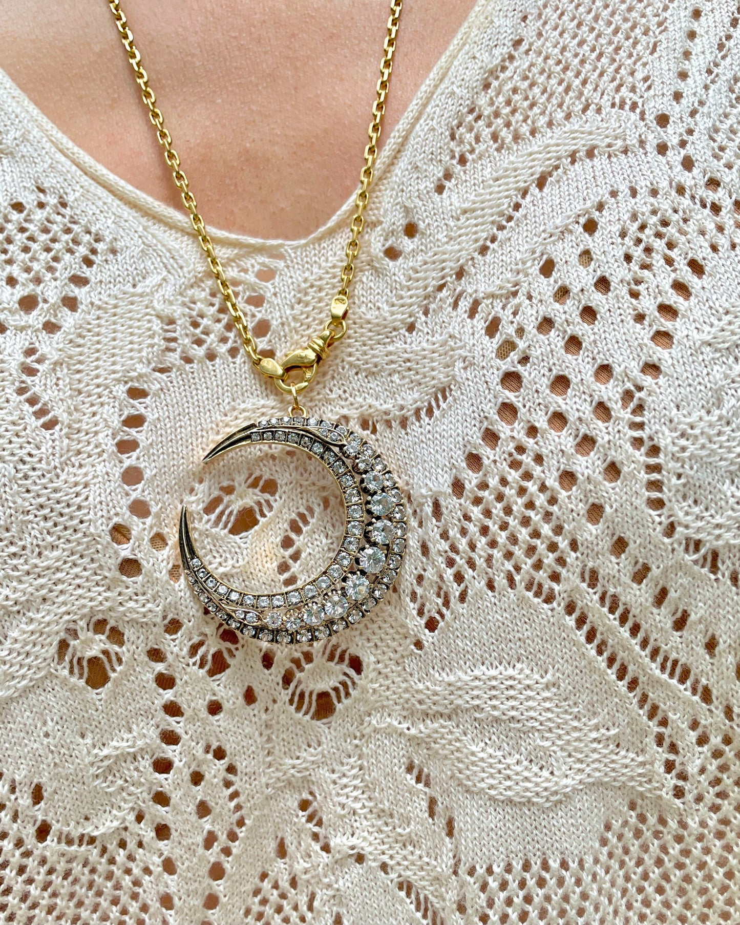 Antique yellow 18K gold and silver paste crescent moon pendant