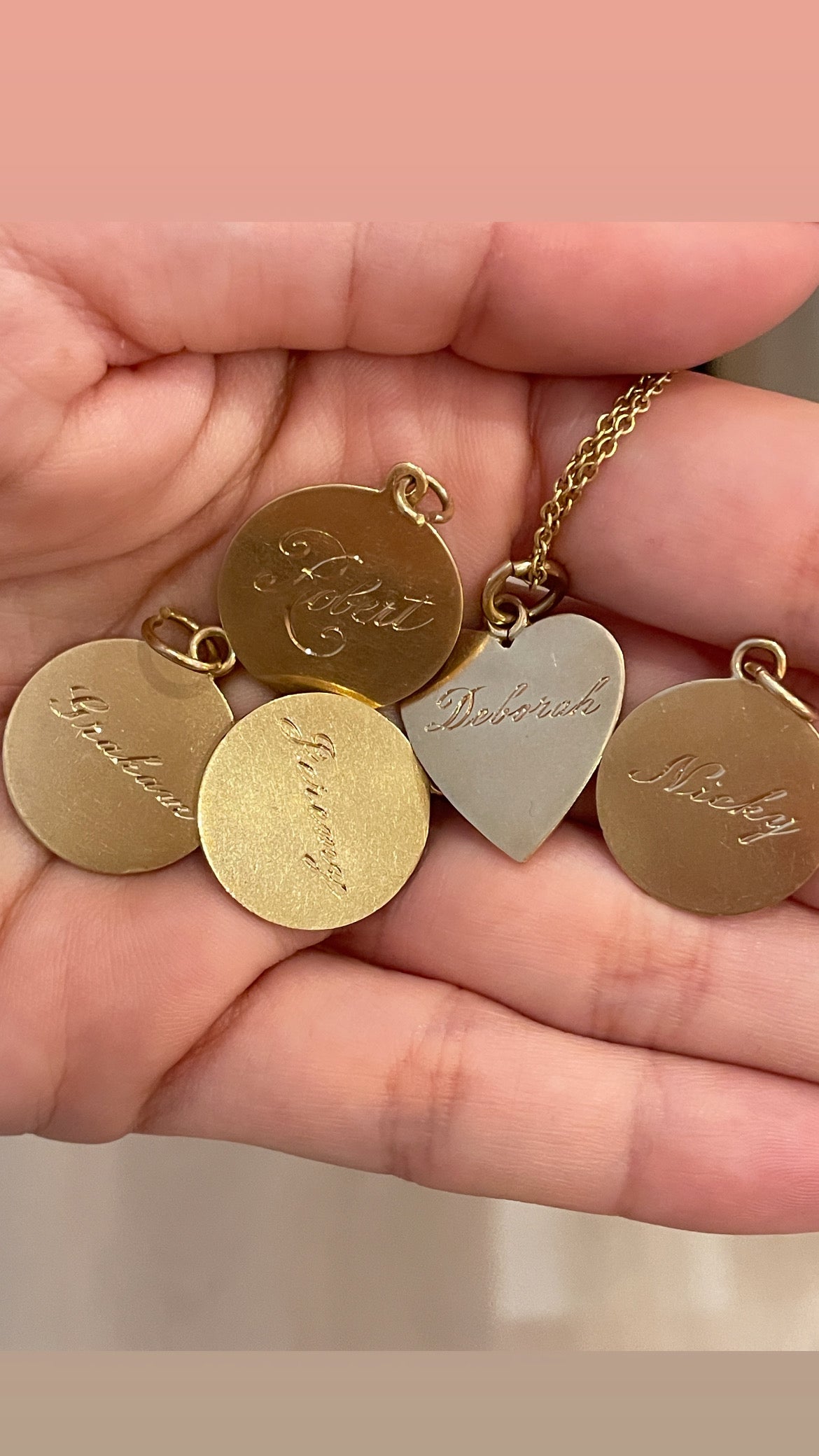 Vintage yellow 14K gold hand engraved name pendants