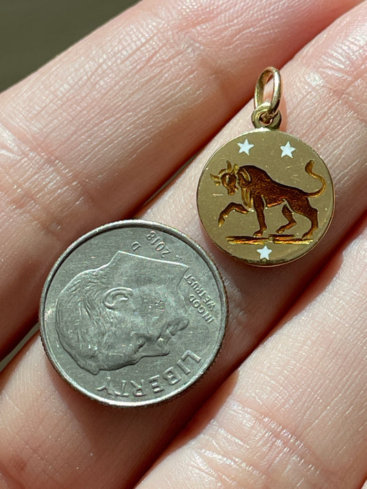 Vintage yellow 18K small red and white enamel Taurus charm