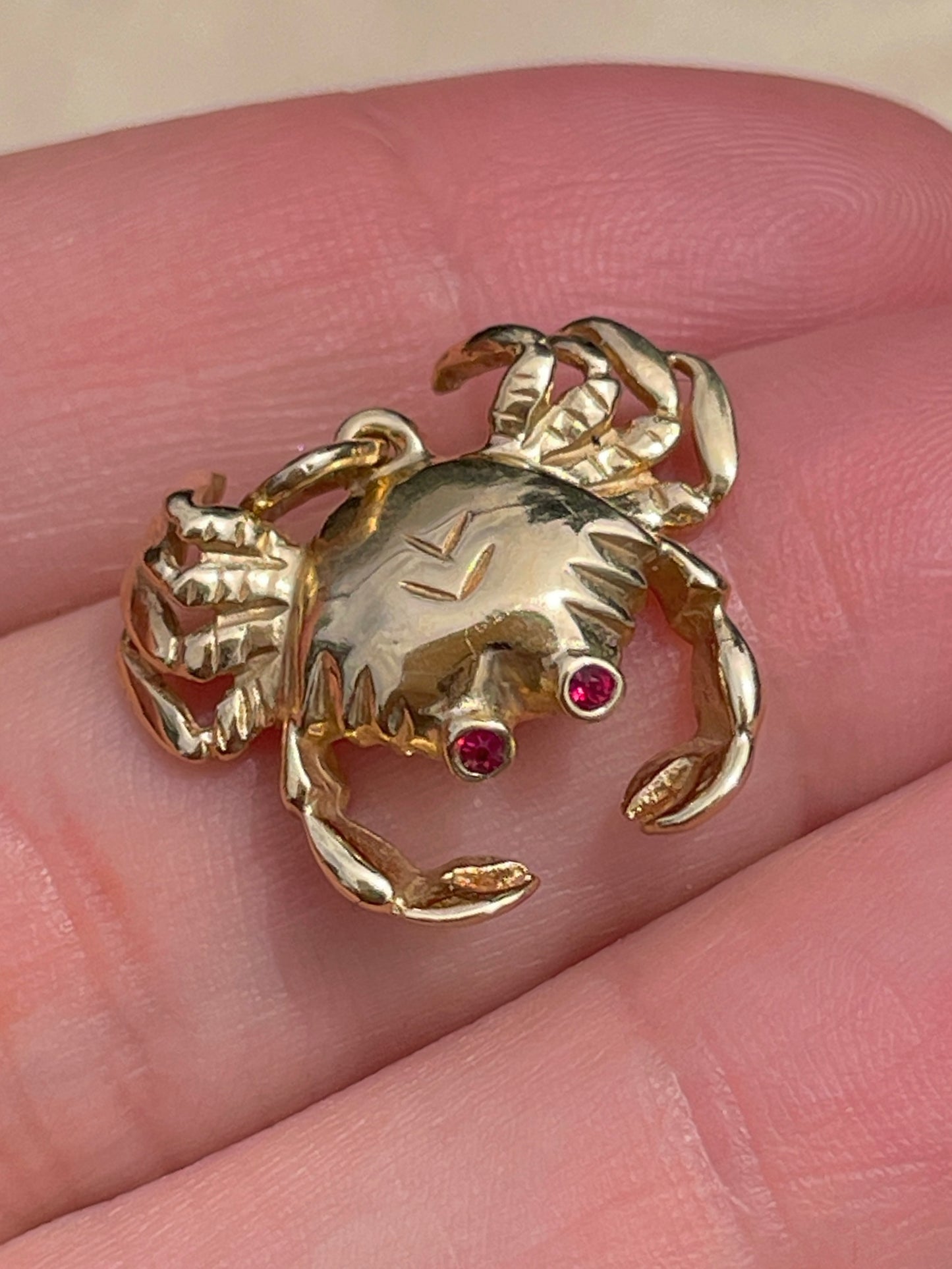 Vintage yellow 14K crab pendant with ruby eyes