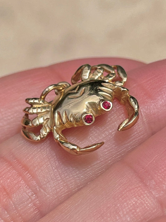 Vintage yellow 14K crab pendant with ruby eyes