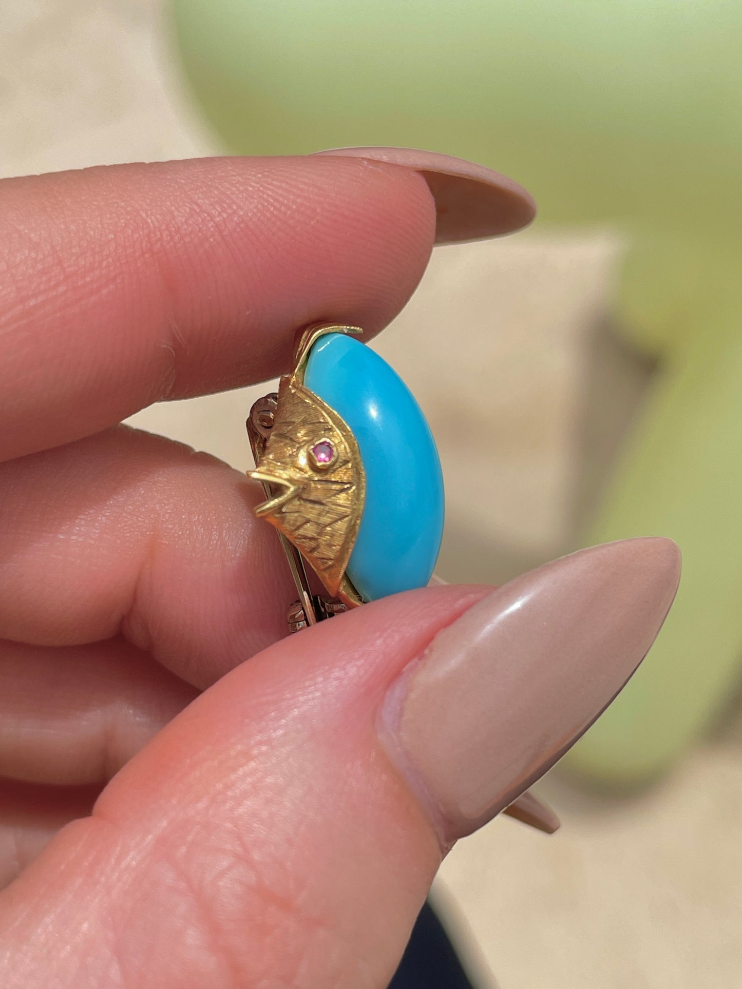 Vintage yellow 18K turquoise fish pin by Corletto designer