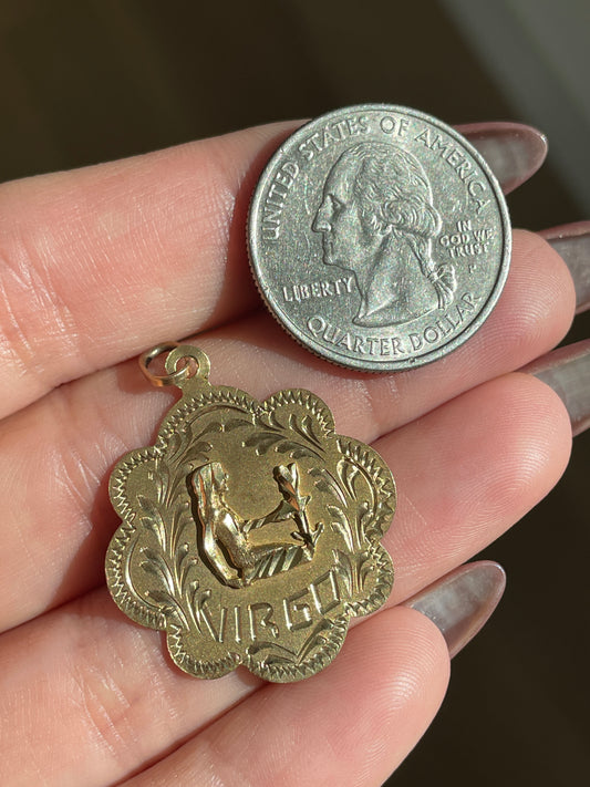 Vintage yellow 14K etched Virgo statement medallion pendant