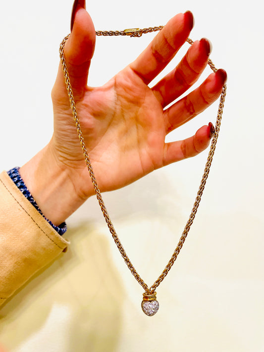 Vintage 18K gold diamond approx .23 ctw heart wheat chain necklace, 16 inch