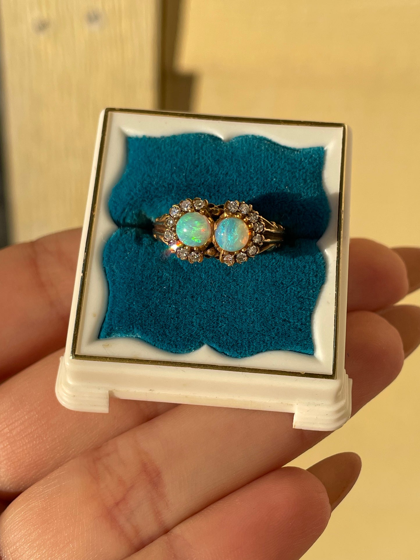 Art Nouveau 14K Opal Ring with Diamond Halos