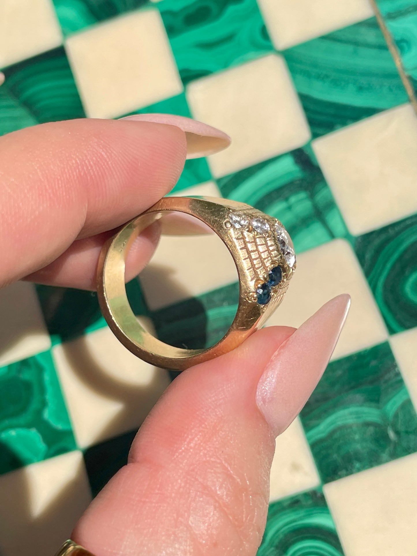 Vintage yellow 14K pyramid signet with diamonds, rubies & emeralds, size 8.75