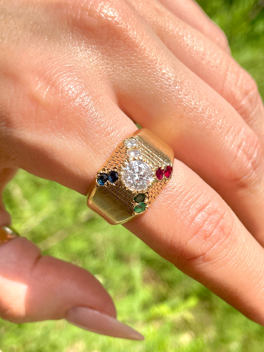 Vintage yellow 14K pyramid signet with diamonds, rubies & emeralds, size 8.75