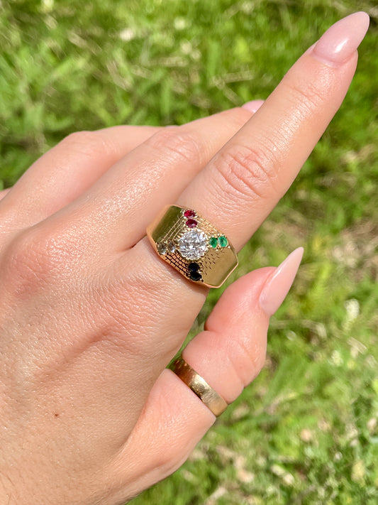 Vintage yellow 14K pyramid signet with diamonds, rubies & emeralds, size 8.75