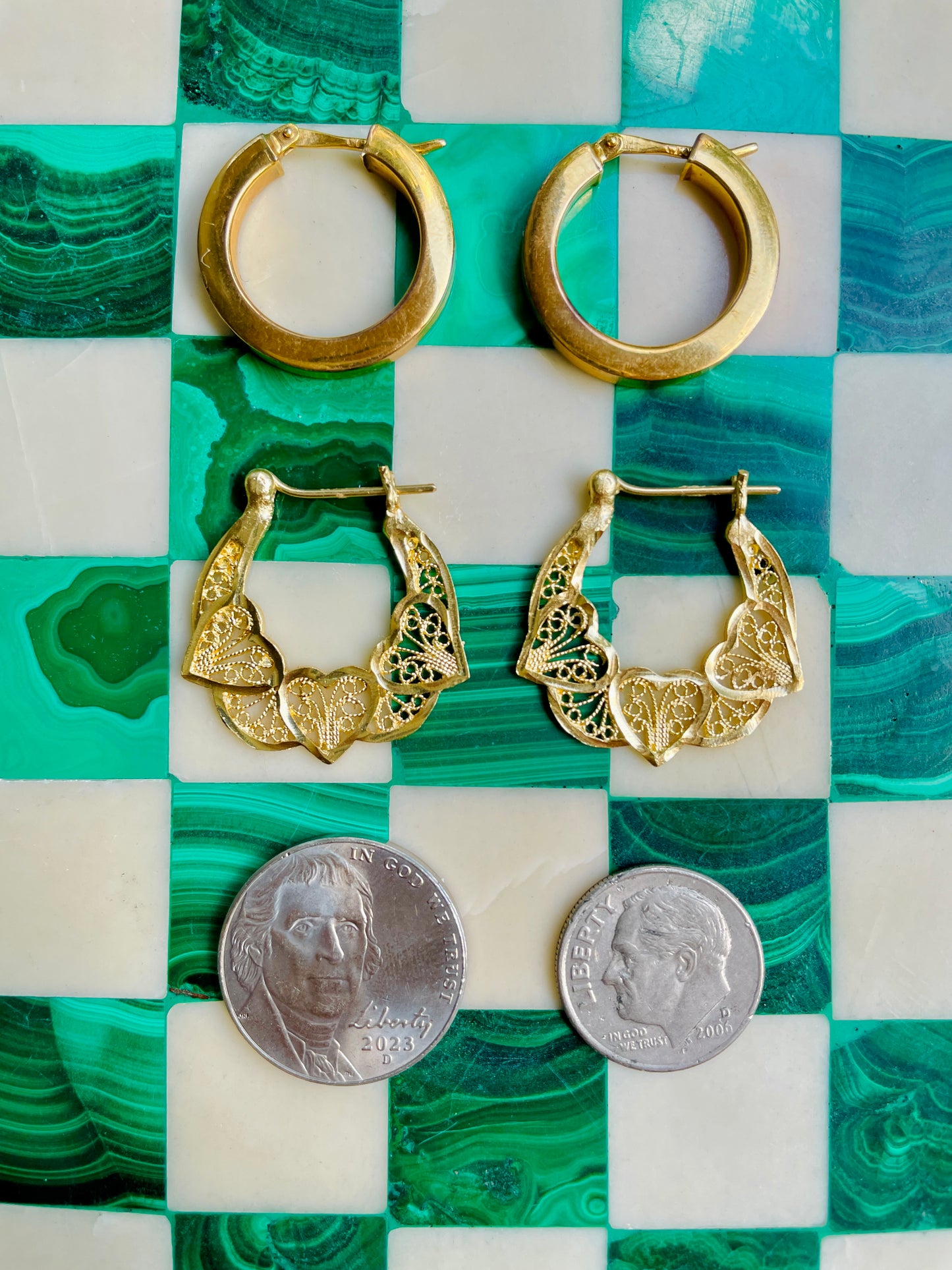 Vintage yellow 14K gold triple heart filigree hoop earrings