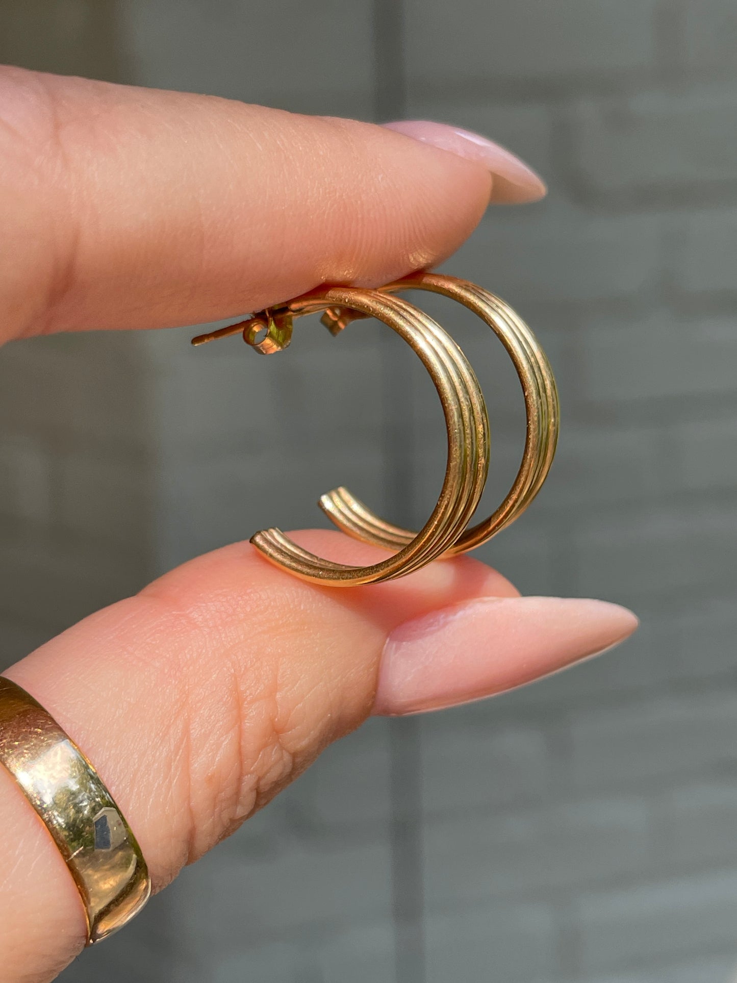Vintage yellow 14K triple row post hoop earrings