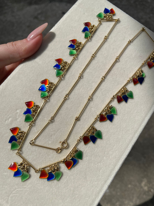 Vintage 18K colorful enamel hearts bar link chain, 28 inch