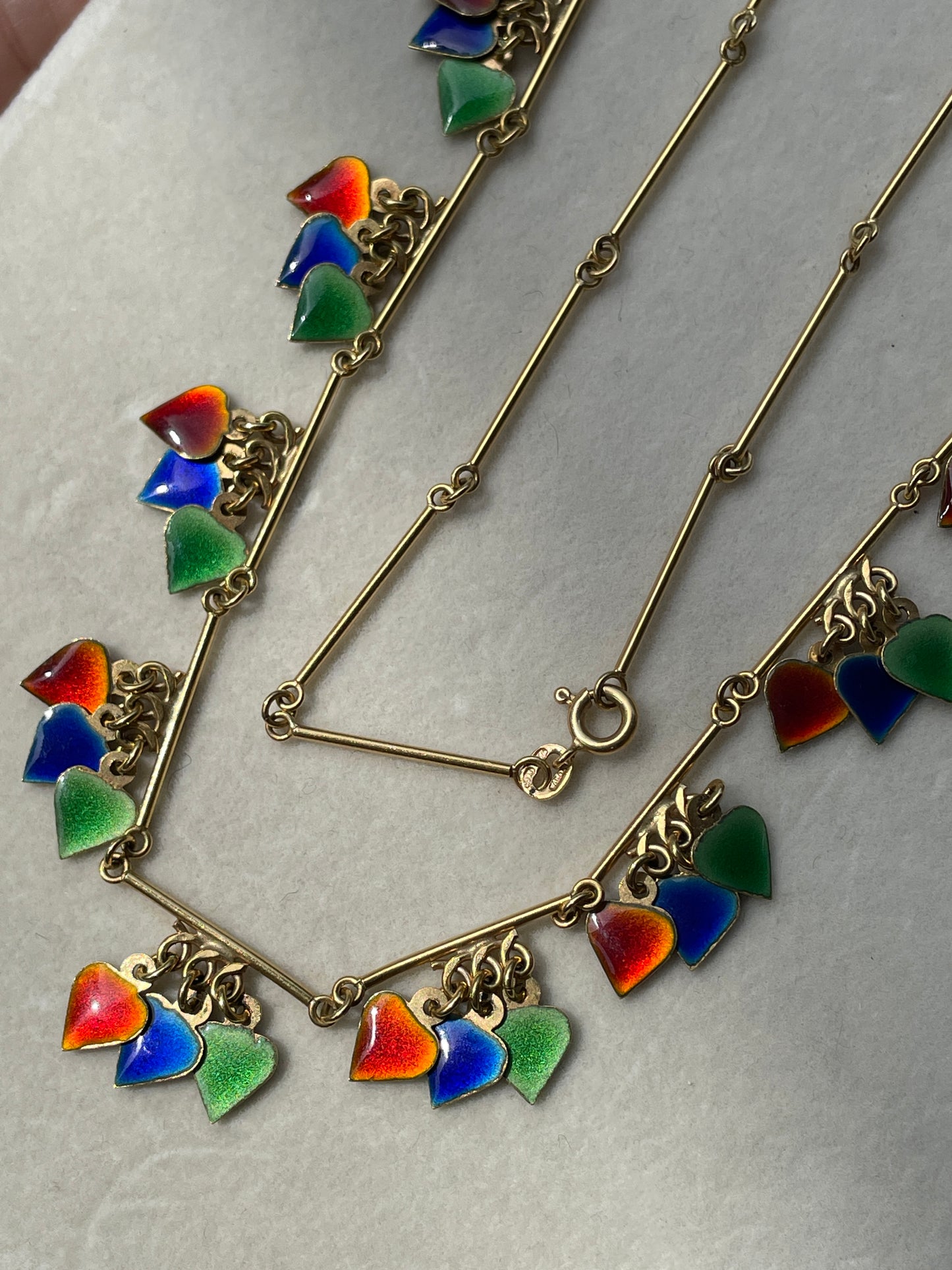 Vintage 18K colorful enamel hearts bar link chain, 28 inch