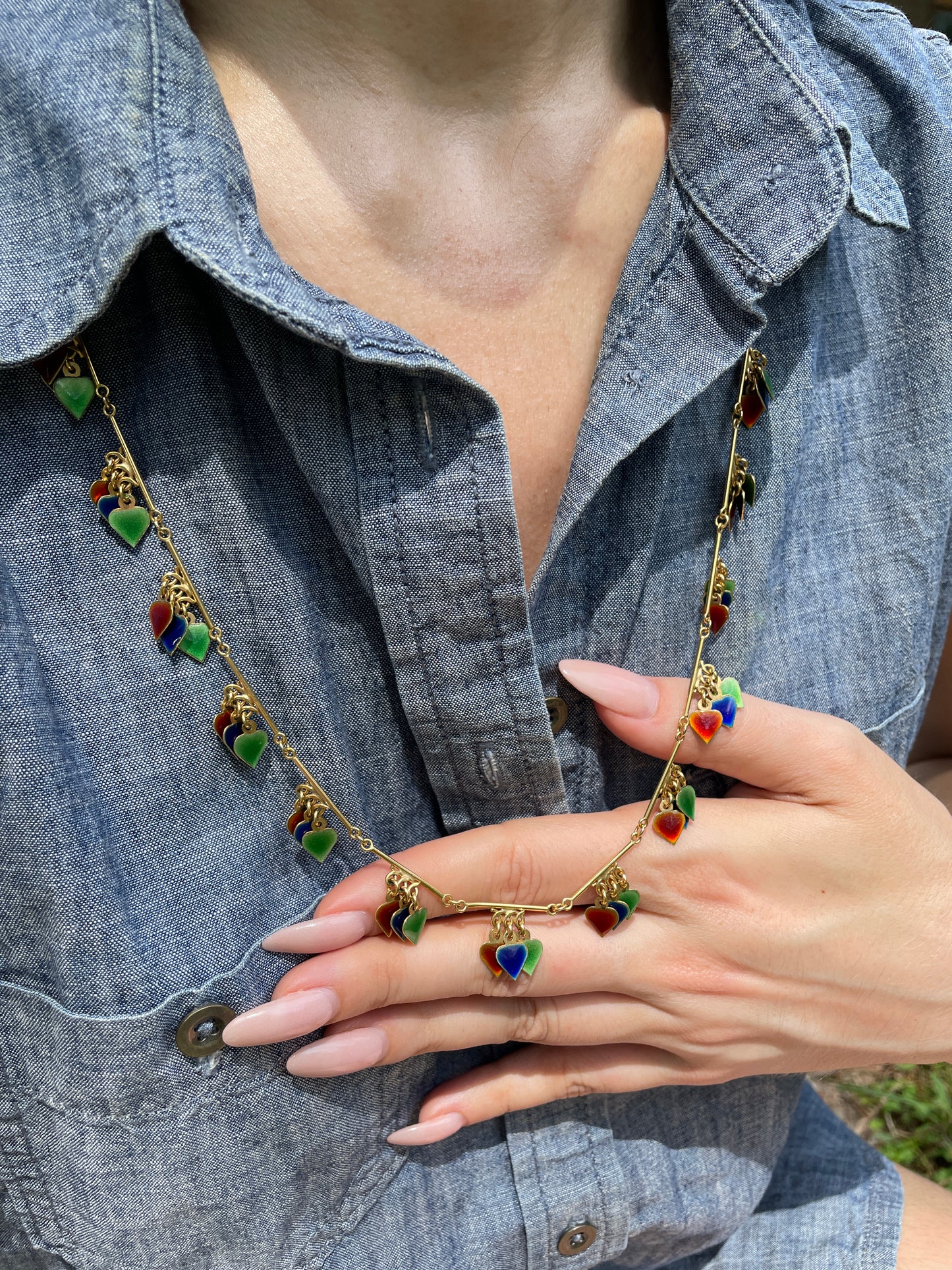 Vintage 18K colorful enamel hearts bar link chain, 28 inch