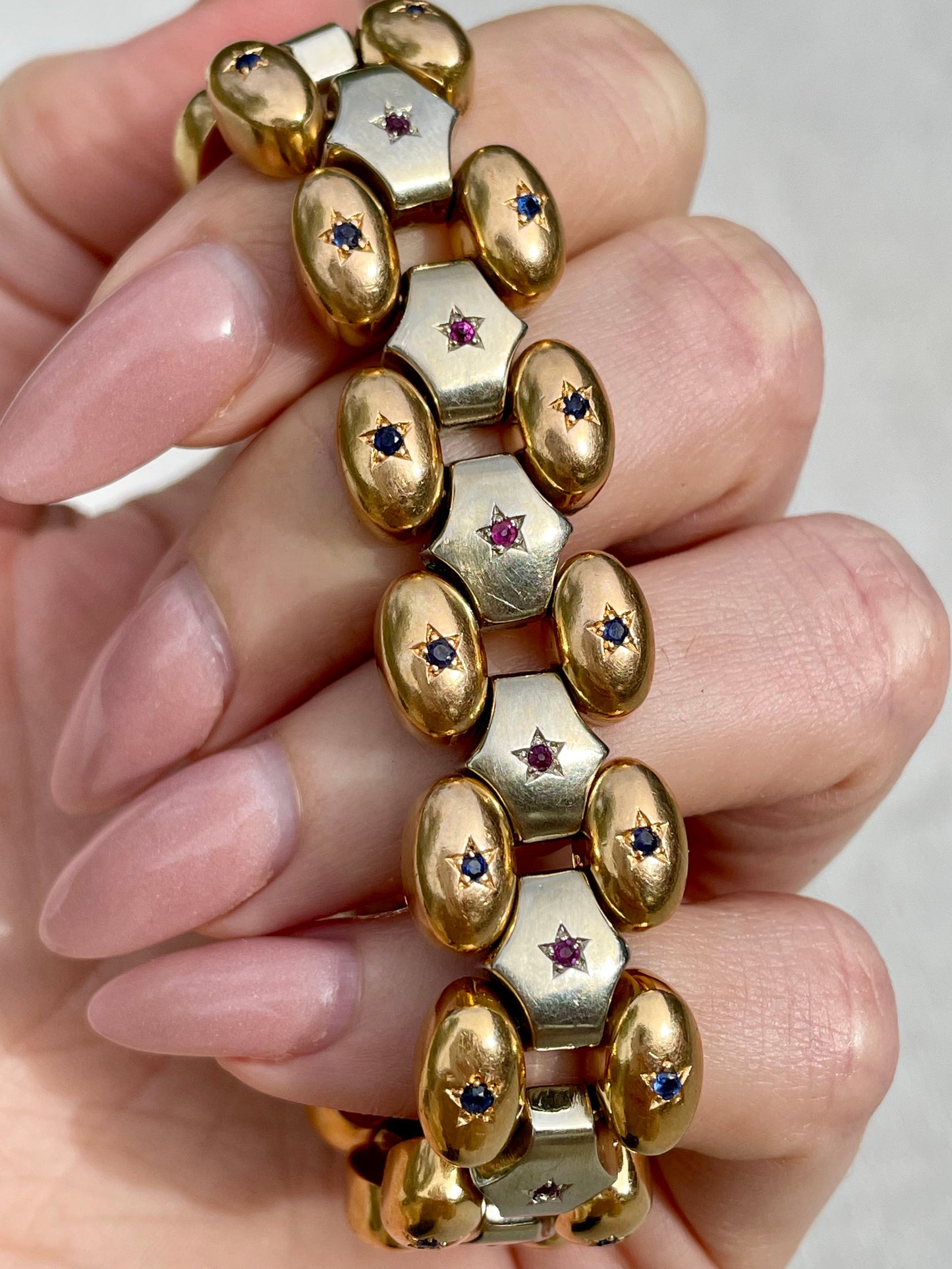 Vintage two tone 18K gold star set gemstone bracelet, 6.75 inch