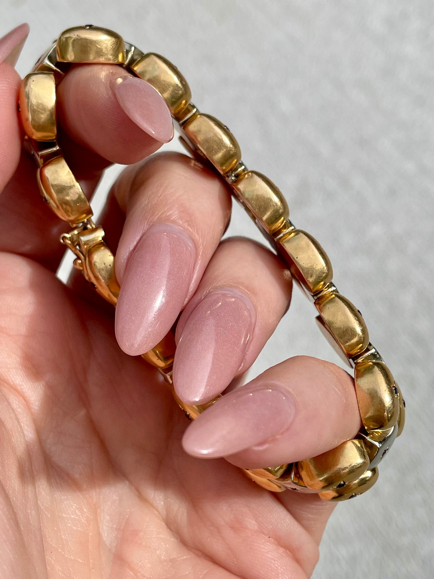 Vintage two tone 18K gold star set gemstone bracelet, 6.75 inch