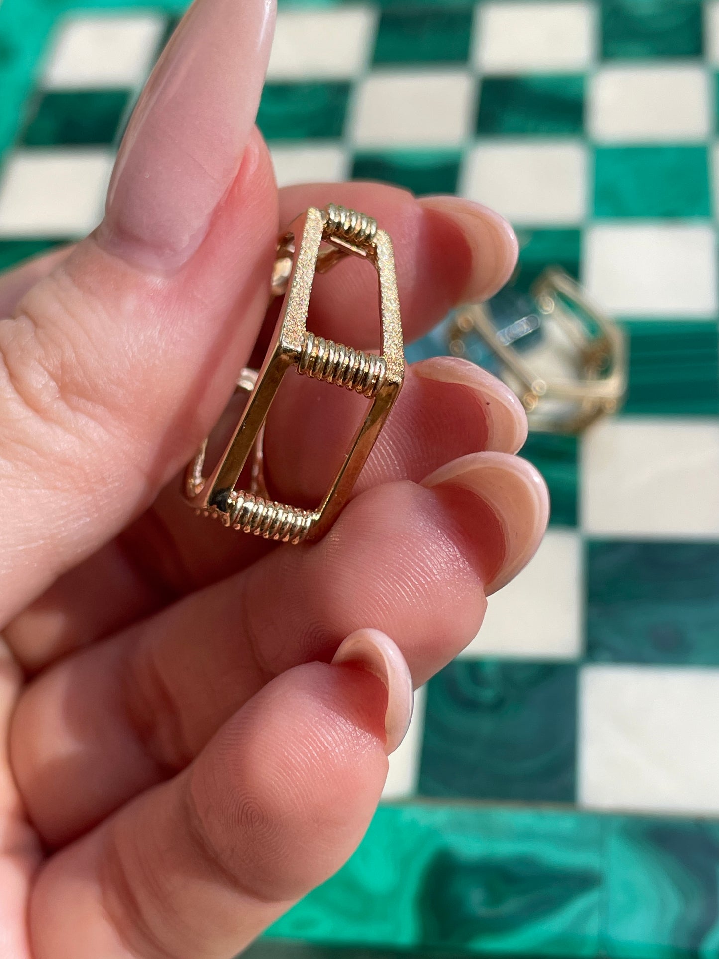 Vintage yellow 14K ribbed bar angled hoop earrings