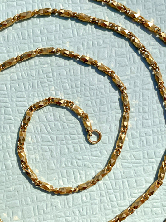 Vintage yellow 18K gold solid faceted bar link chain, 22 inch