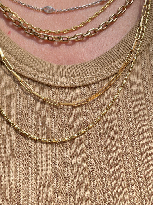 Vintage yellow 18K gold solid faceted bar link chain, 22 inch