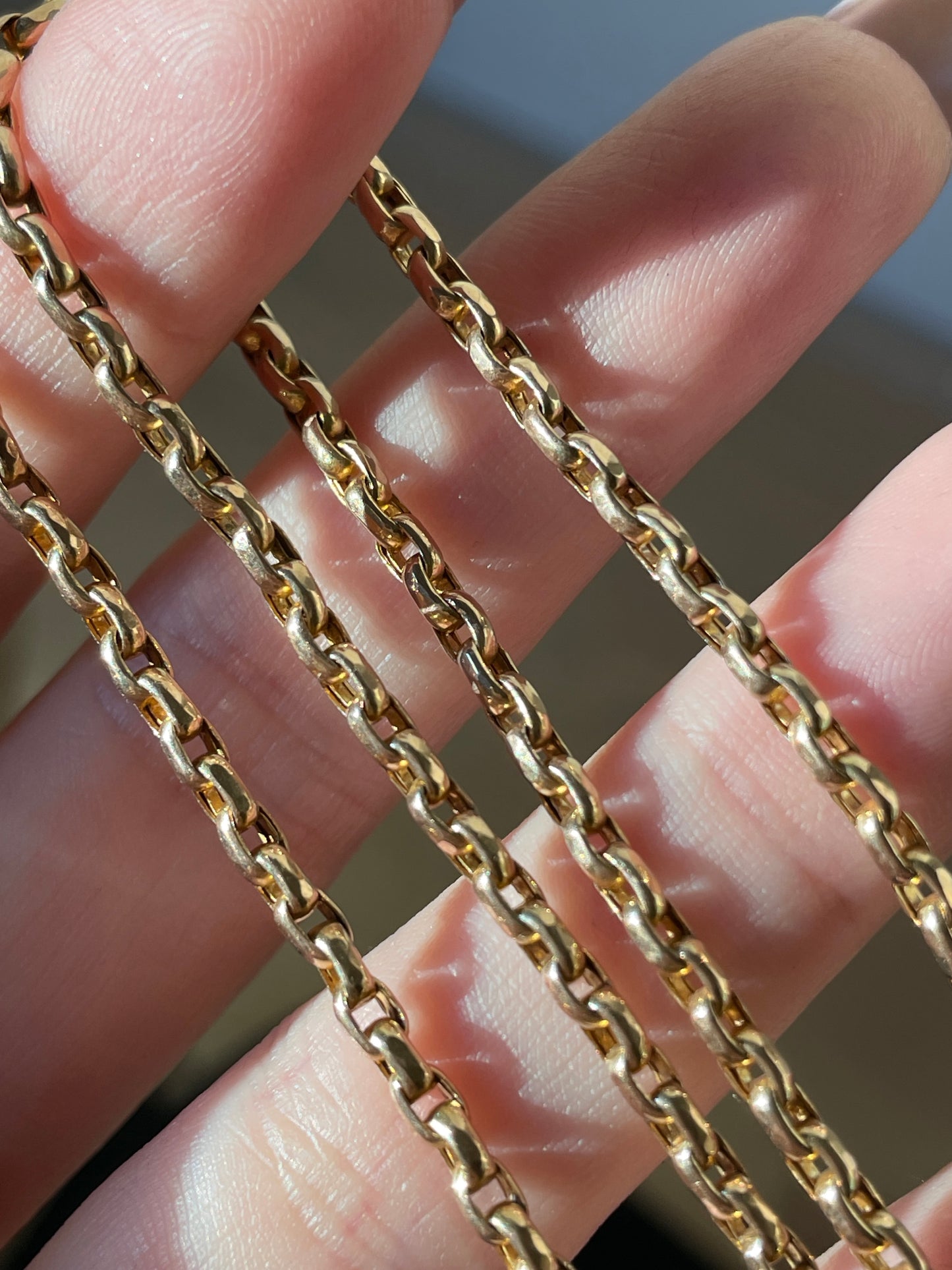 Antique rosy yellow 10K gold belcher link chain with 14K gold lobster clasp, 26.5 inch