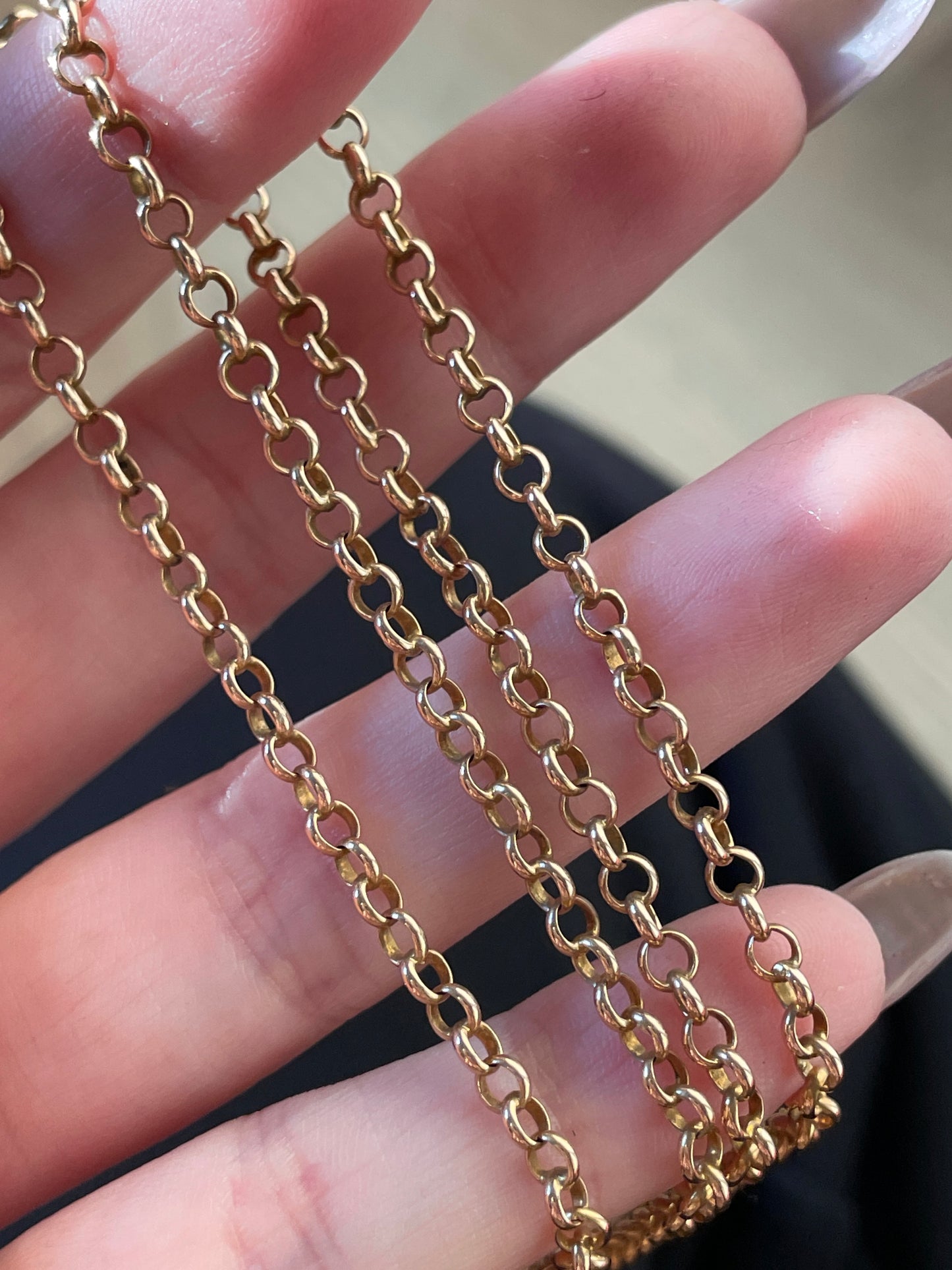 Antique rosy yellow 15K gold solid rolo link chain, 25 inch