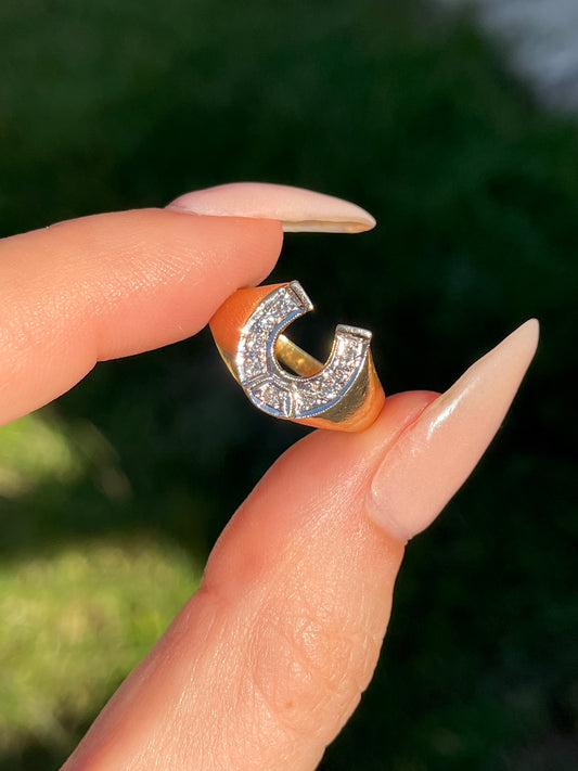 Vintage yellow and white 18K horseshoe ring with .14 ctw diamonds, size 5.75