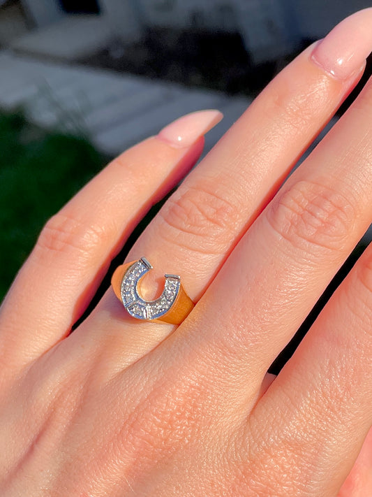 Vintage yellow and white 18K horseshoe ring with .14 ctw diamonds, size 5.75