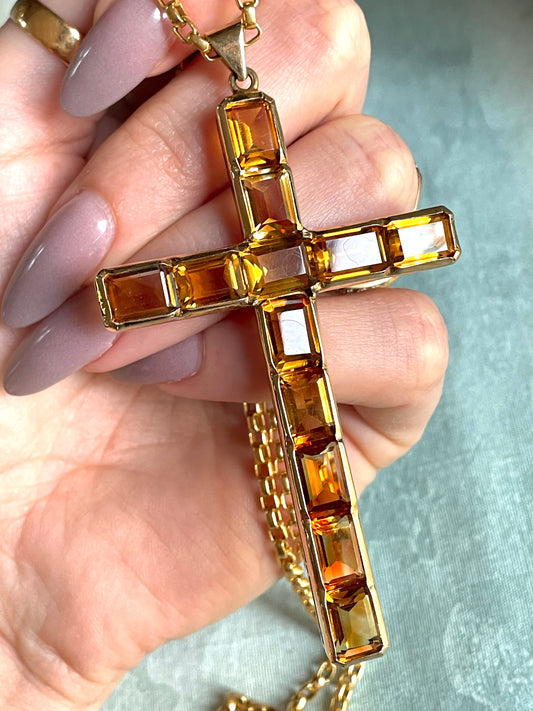 Vintage 14K citrine cross pendant and chain, 21.25 inch