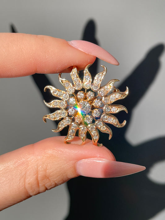Amazing antique 1.6 ctw old euro/old cut diamond 14K Sun pendant/pin