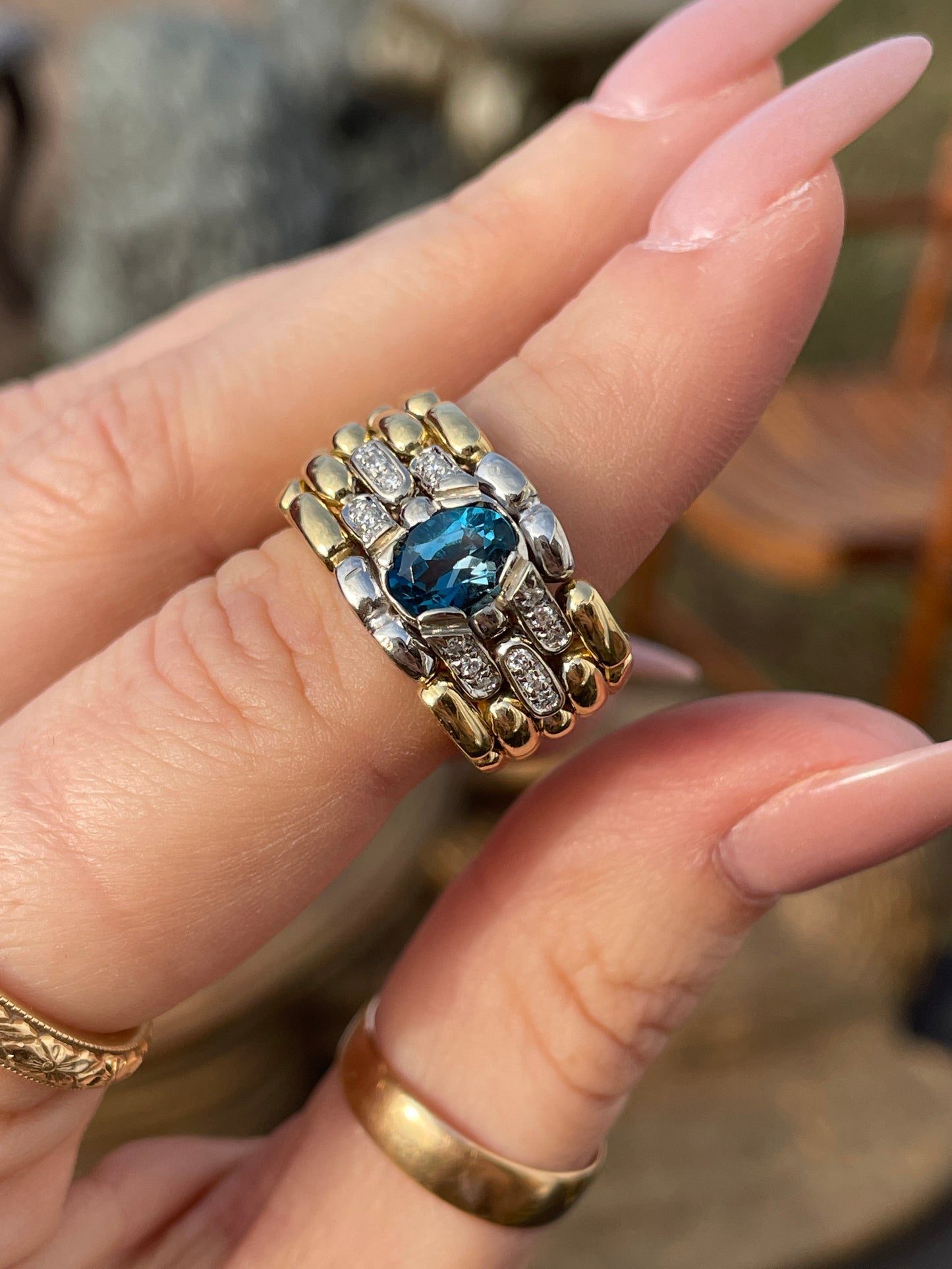Vintage 18K wide chain ring with indicolite tourmaline and diamond evil eye, size 6