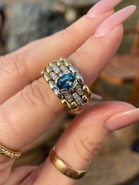 Vintage 18K wide chain ring with indicolite tourmaline and diamond evil eye, size 6