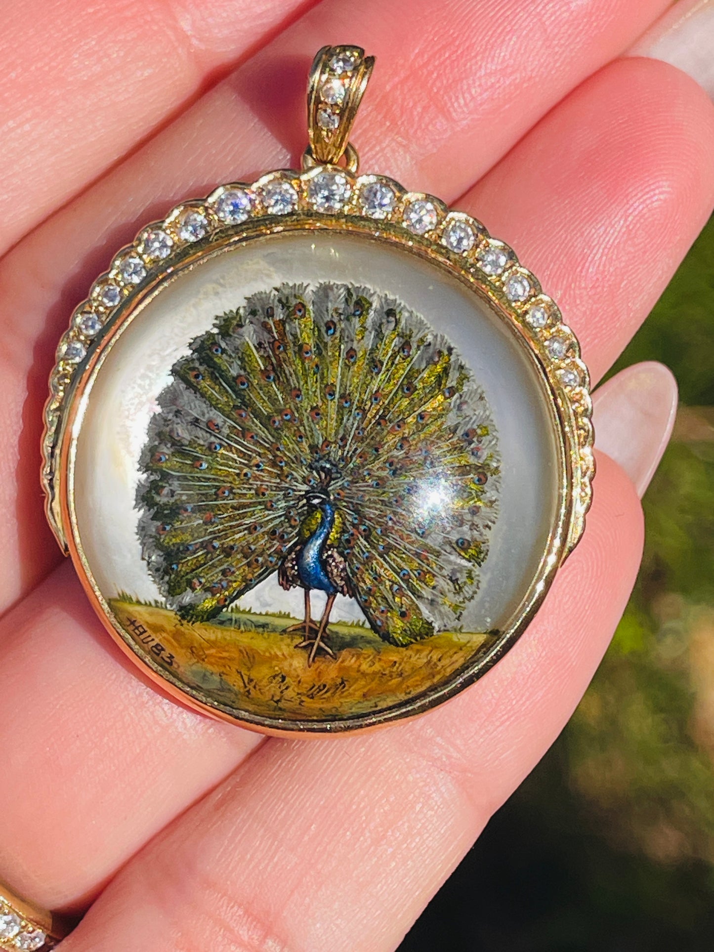 Amazing antique 18K reverse painted Peacock crystal with .7 ctw diamond crescent