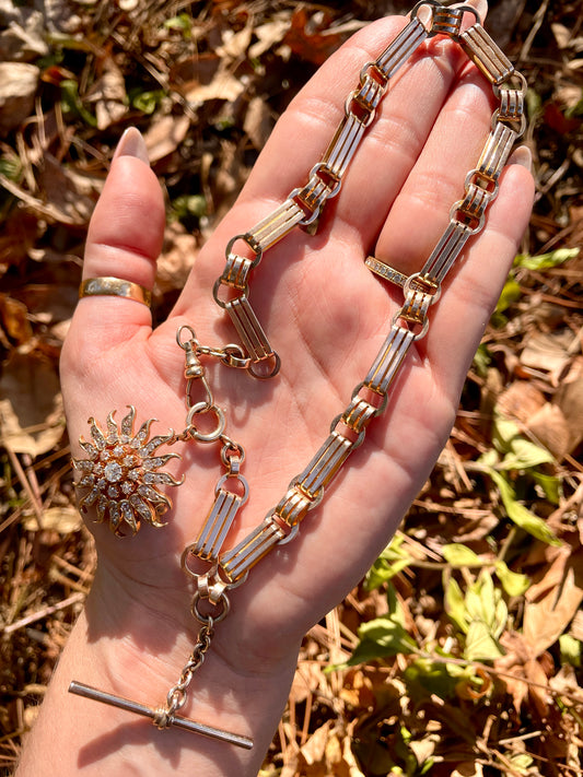 Antique rosy yellow 10K wide bar link watch chain, 16 inch