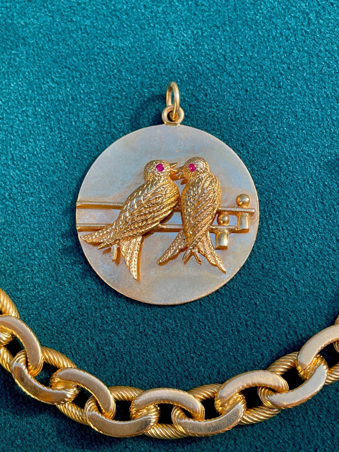 Vintage 14K gold Midcentury Tiffany & Co Lovebirds medallion with rubies