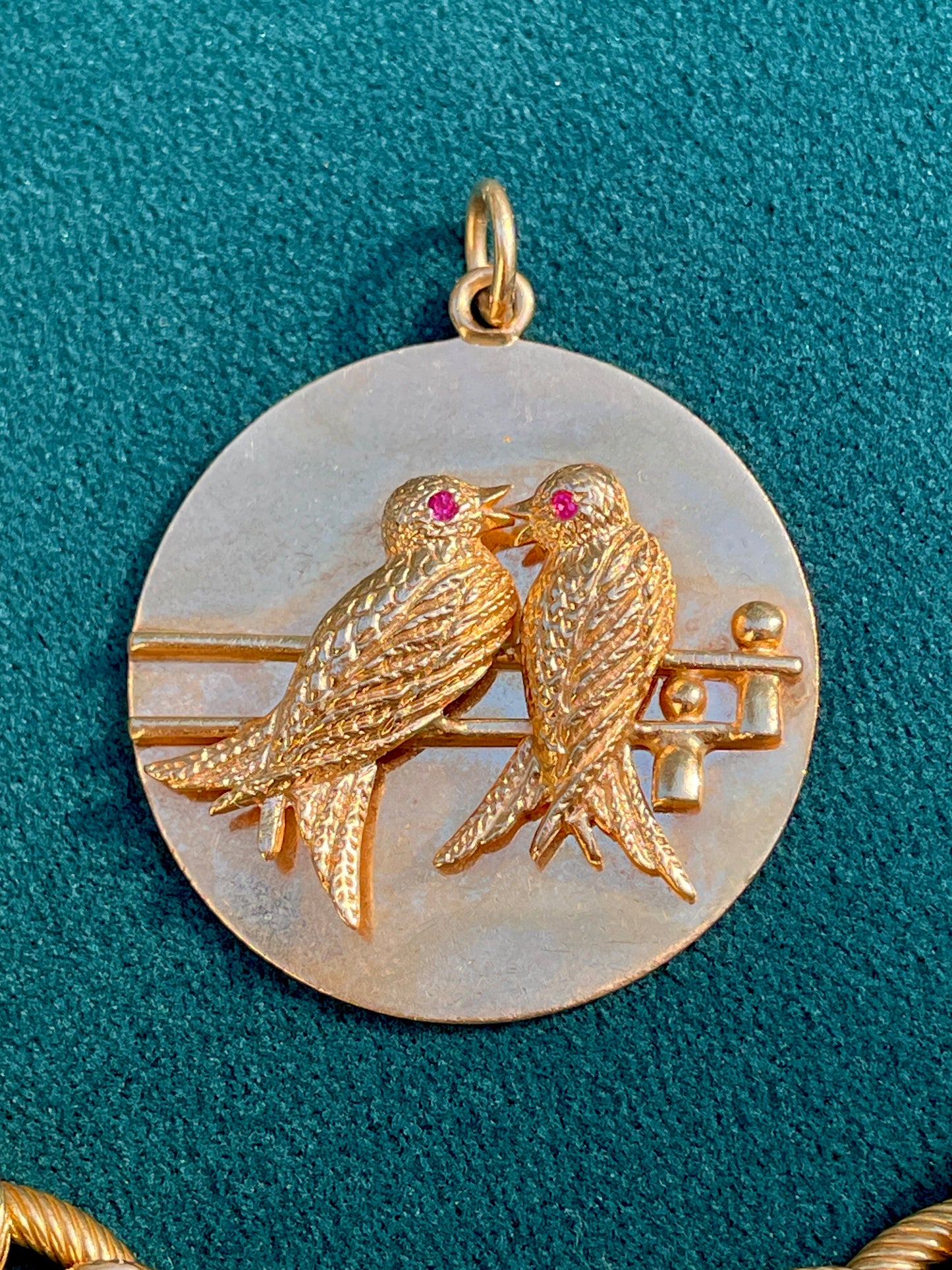 Vintage 14K gold Midcentury Tiffany & Co Lovebirds medallion with rubies