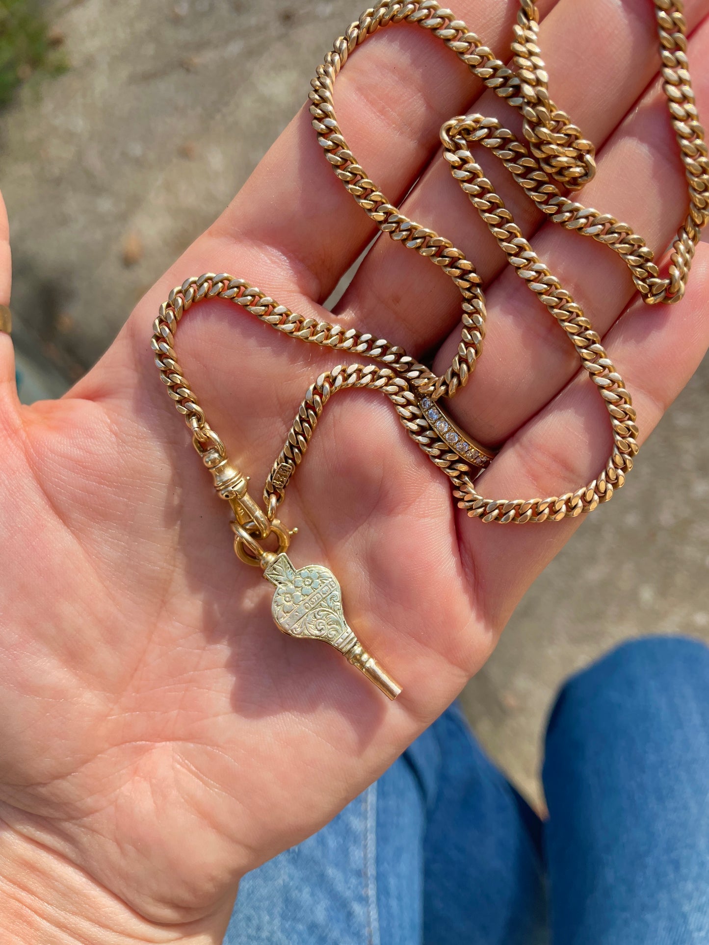 Antique yellow 14K all original flat curb watch chain, 19.5 inch