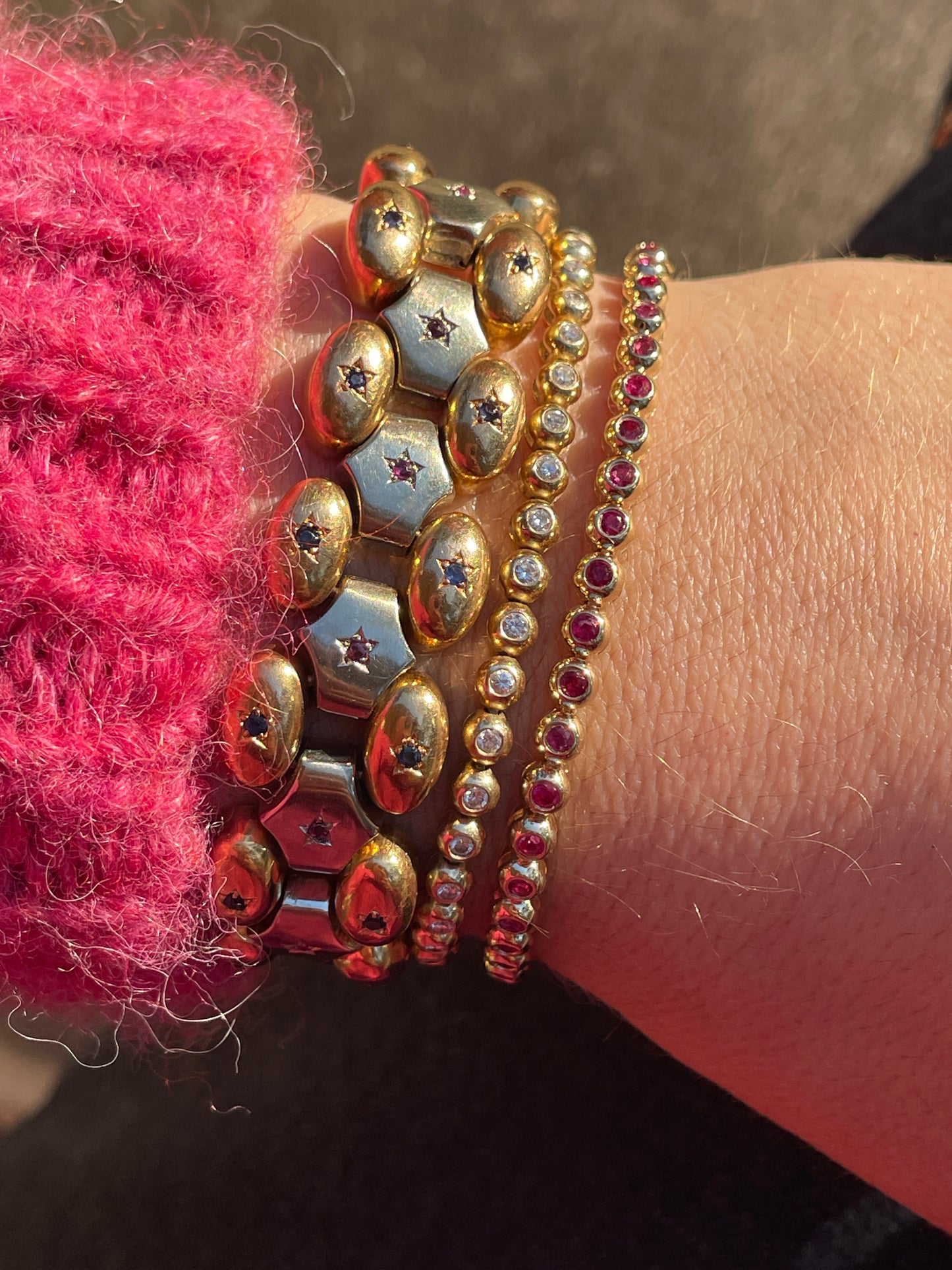 Vintage two tone 18K gold star set gemstone bracelet, 6.75 inch