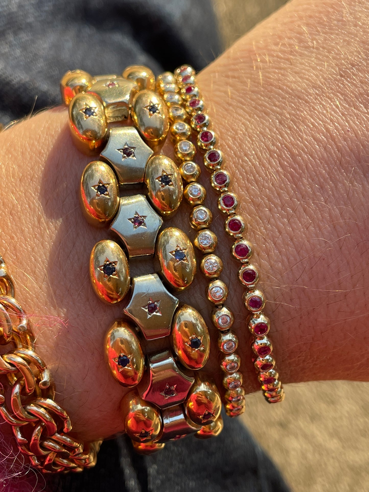 Vintage two tone 18K gold star set gemstone bracelet, 6.75 inch